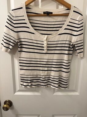Banana Republic Cream and Black Striped Short-Sleeve Ribbed Henley